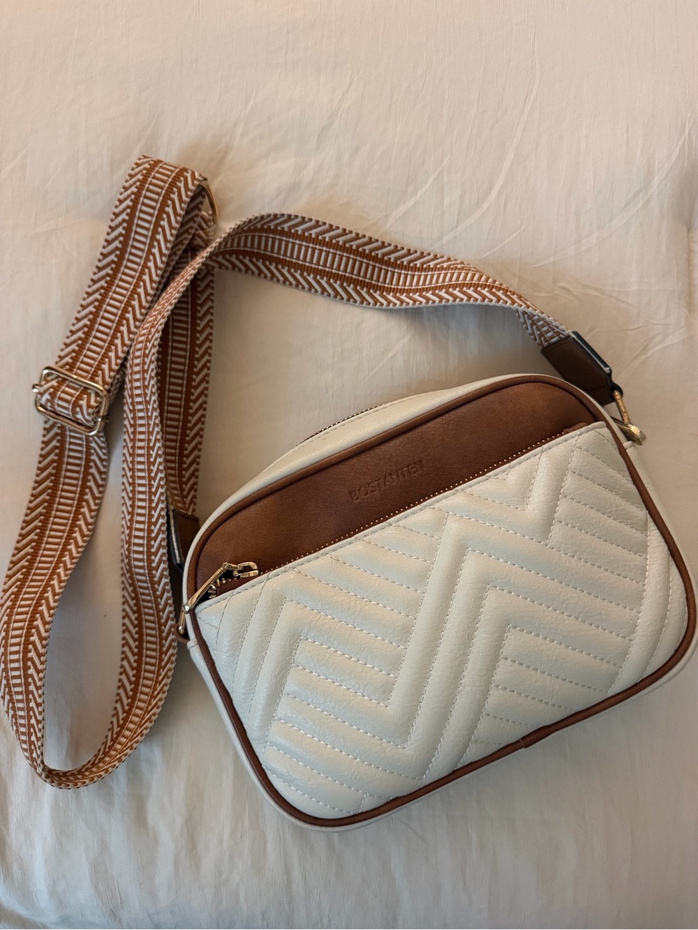 Cream & Brown Quilted Crossbody Bag with Patterned Adjustable Strap